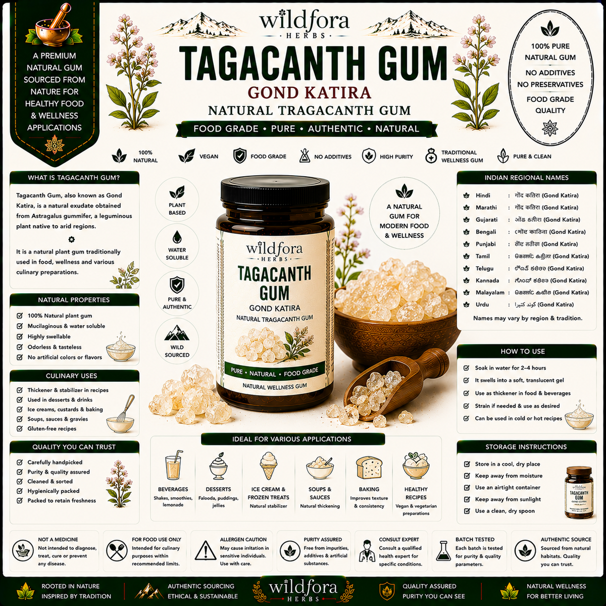Natural food-grade Gond Katira, also known as Tragacanth Gum, used traditionally in Indian culinary preparations.