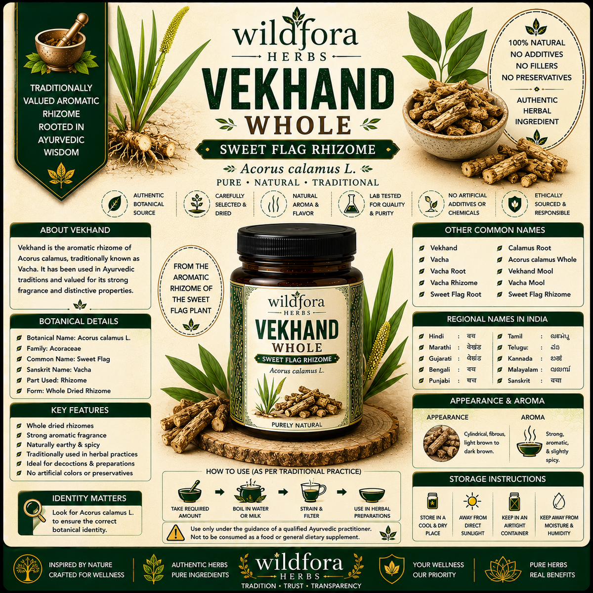 Vekhand Acorus Calamus Whole Natural Sweet Flag Root Herbal
