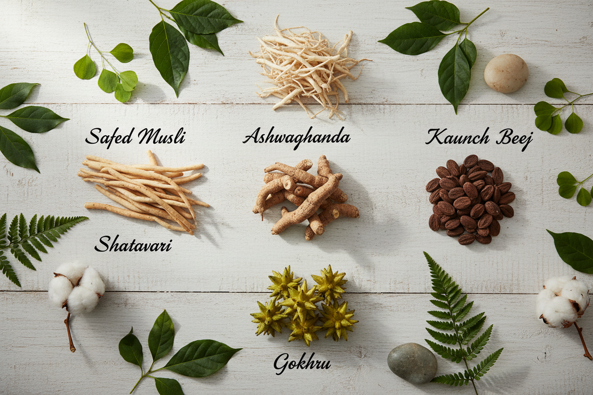 Ashwagandha, Shatavari, Kaunch Beej, Gokhru, and Safed Musli  Benefits or Fayde