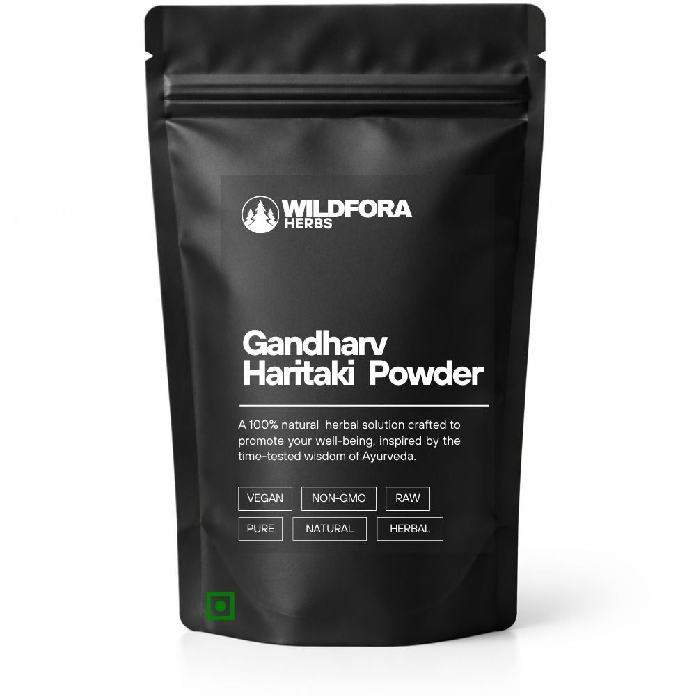 gandharv haritaki churna, herbal powder, ayurvedic blend, natural supplement, wildfora, polyherbal powder, herbal wellness, traditional powder, herbal mix, plant powder
