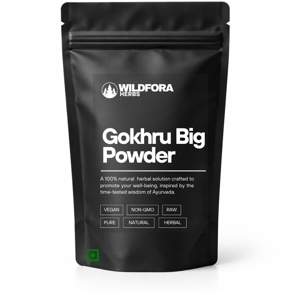 gokhru powder, pedalium murex, herbal powder, natural supplement, wildfora, seed powder, herbal wellness, ayurvedic powder, traditional herb, plant powder