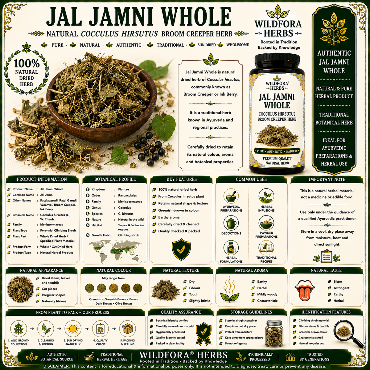 Jal Jamni Whole Cocculus Hirsutus Natural Broom Creeper Herb