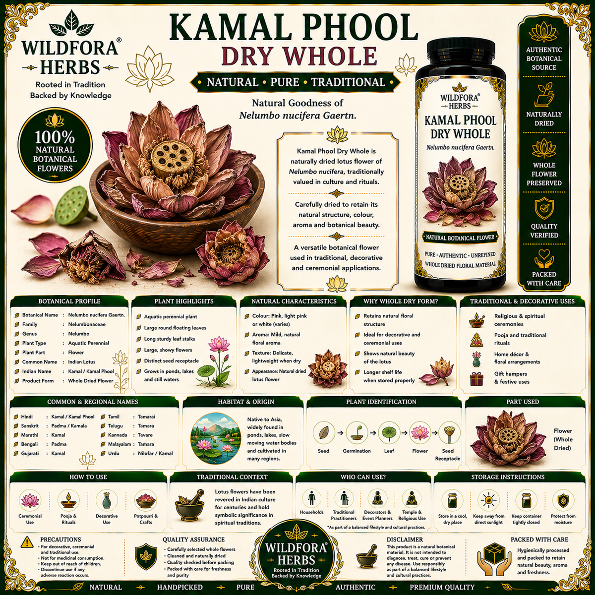 Kamal Phool Dry Whole Nelumbo Nucifera Dried Lotus Flower