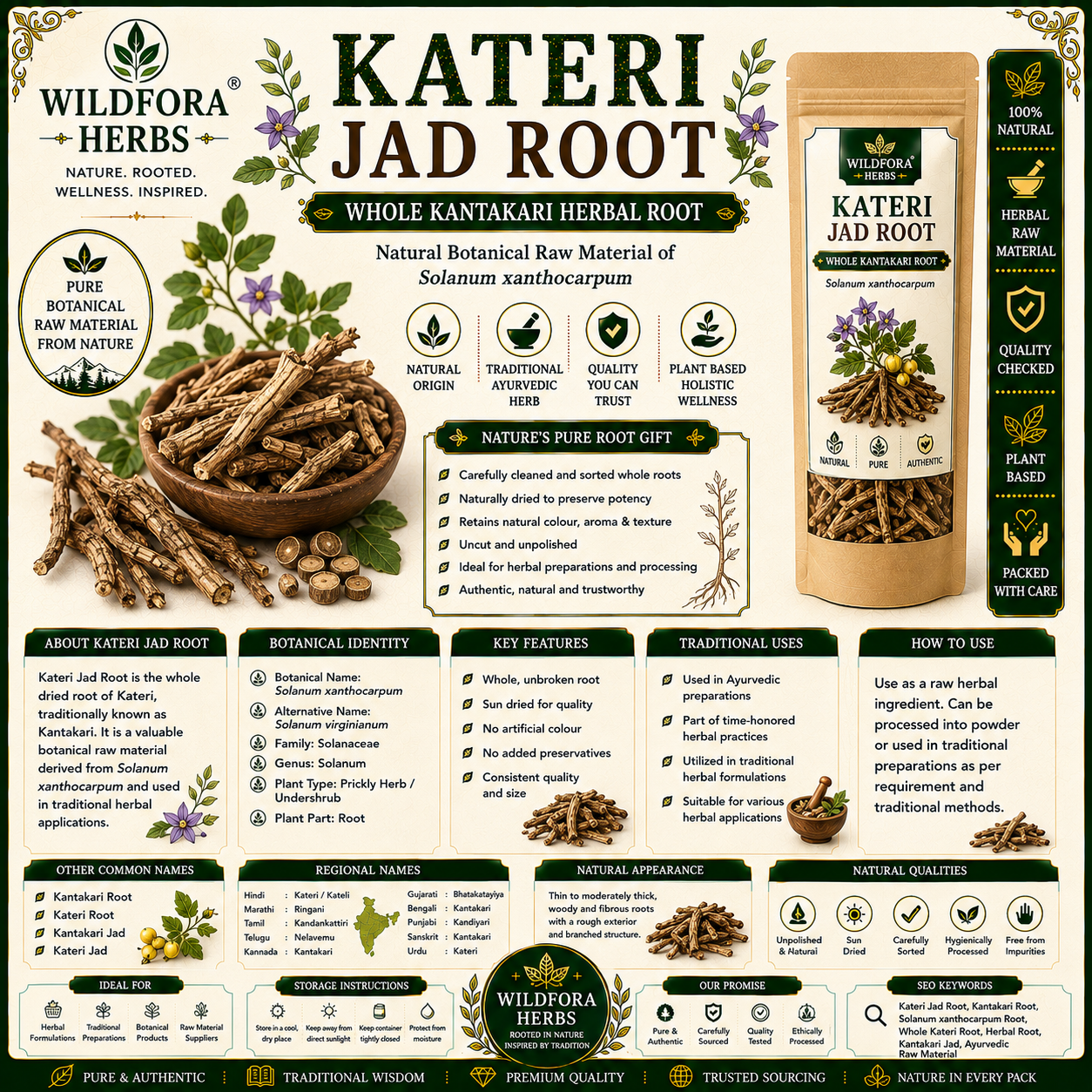 Kateri Jad Root Solanum Xanthocarpum Whole Kantakari Herbal Root