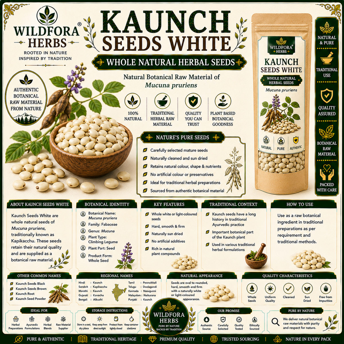 Kaunch Seeds White Mucuna Pruriens Whole Natural Herbal Seeds