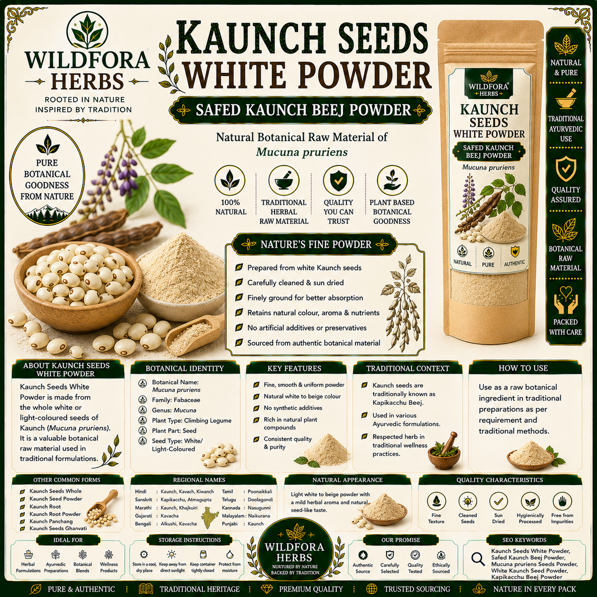 Kaunch Seeds White Powder Mucuna Pruriens | Safed Kaunch Beej Powder