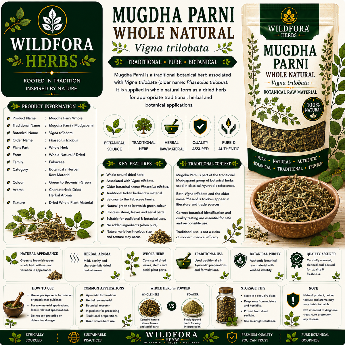 Mugdha Parni Vigna Trilobata Whole Natural Phaseolus Trilobus Herb
