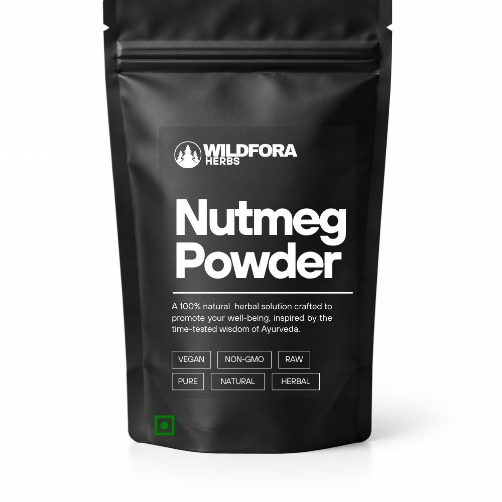 nutmeg powder, jaiphal, myristica fragrans, spice powder, natural supplement, wildfora, seed spice, herbal wellness, ayurvedic powder, traditional spice