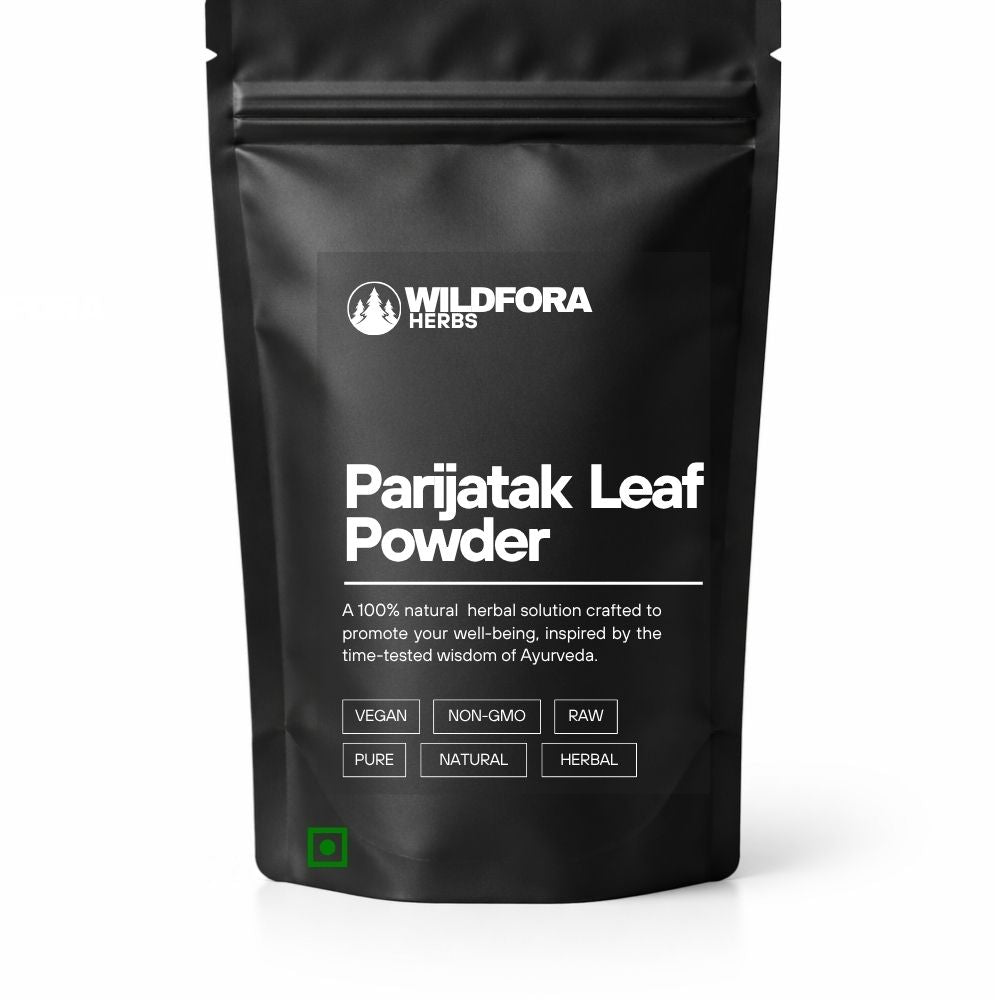 parijatak powder, nyctanthes arbor tristis, herbal powder, natural supplement, wildfora, leaf powder, herbal wellness, ayurvedic powder, traditional herb, plant powder