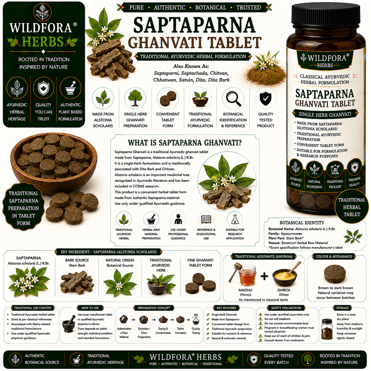 Saptaparna Ghanvati Tablet - Alstonia scholaris - Saptaperna - Dita Bark - Chitvan