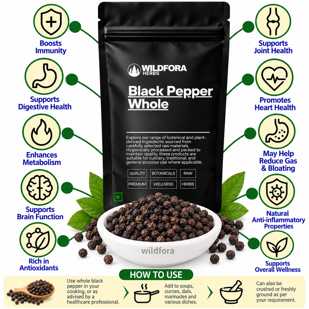 Black Pepper Whole Piper Nigrum Kali Miri Natural Spice Benefits